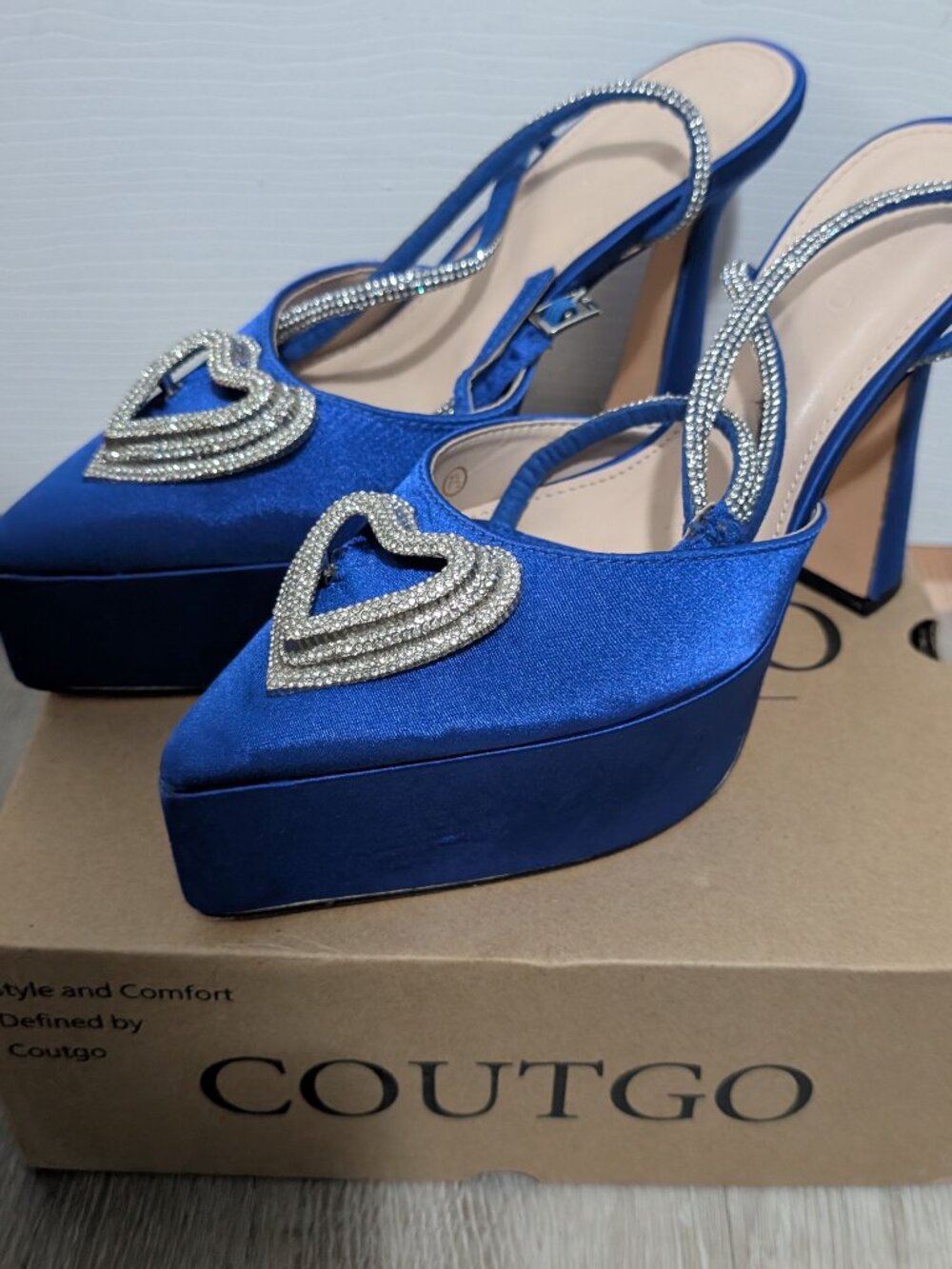 Coutgo Royal Blue Rhinestone Heart Heels Size 7.5 Ankle Strap Dress Pumps point